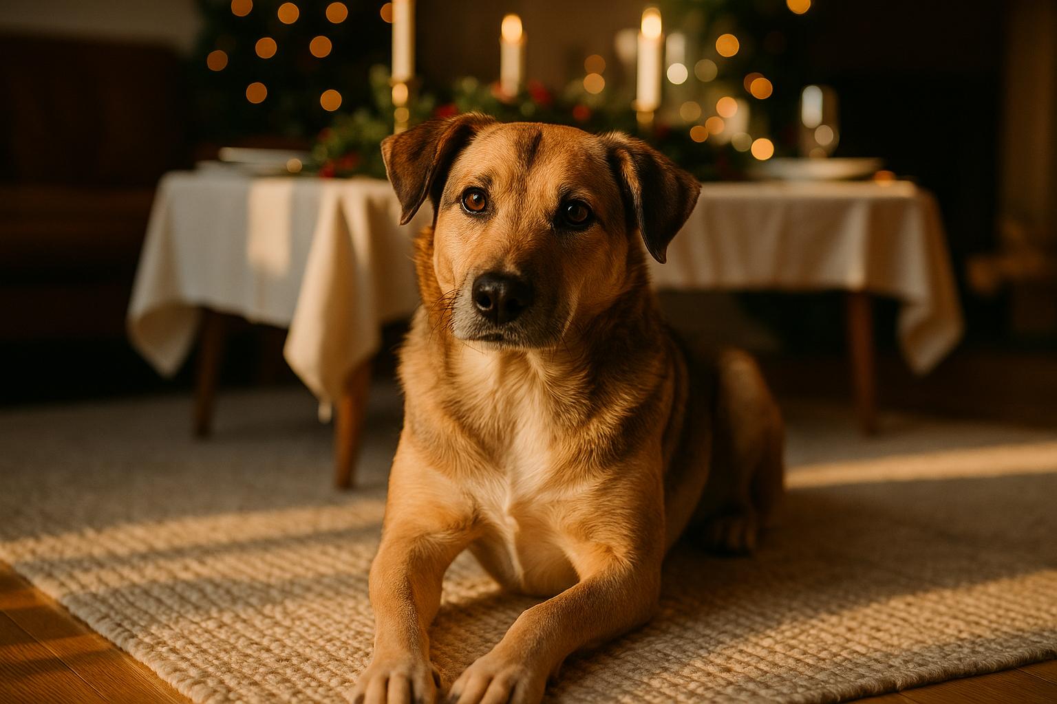 Medium-sized mixed-breed dog sitting near a holiday table, calm and healthy