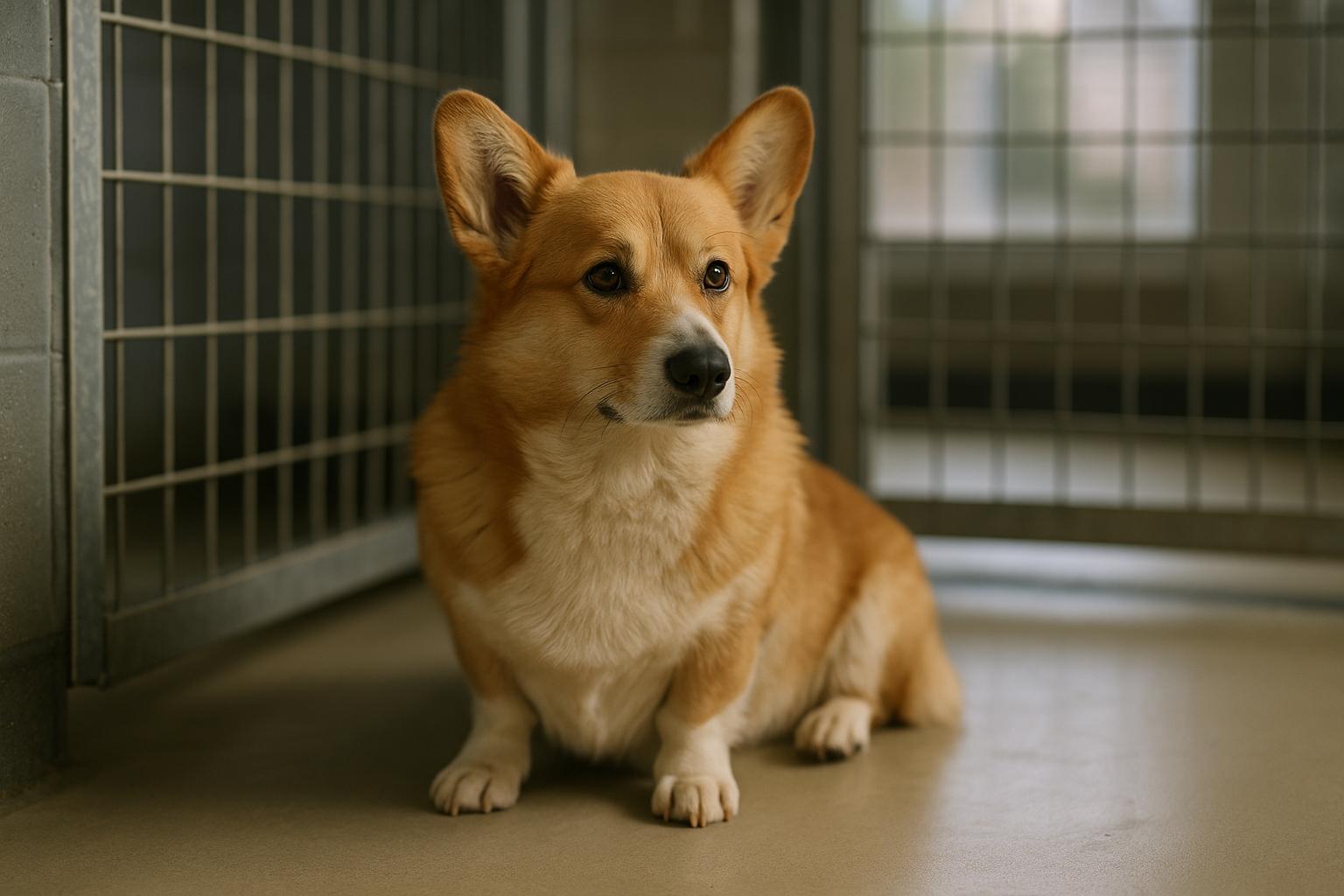 Purebred Corgi sitting inside a rescue centre kennel under soft window light