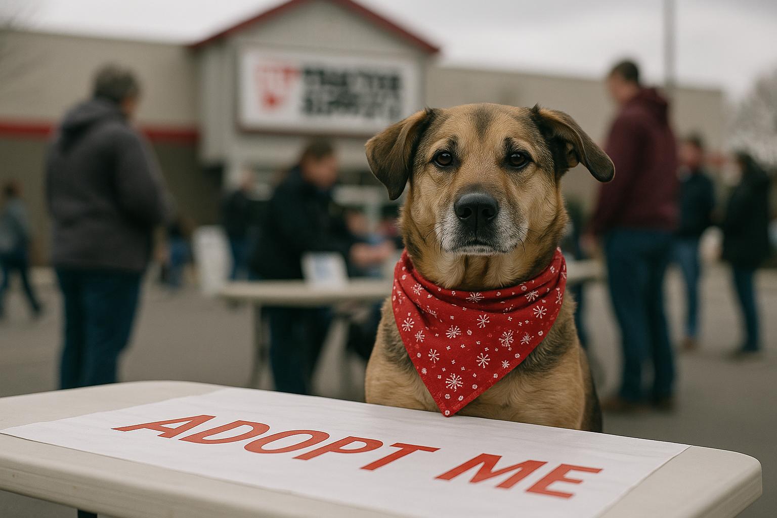 Mixed-breed dog wearing a red holiday bandana at an outdoor adoption table in front of a Tractor Supply store, with volunteers and visitors blurred in the background.