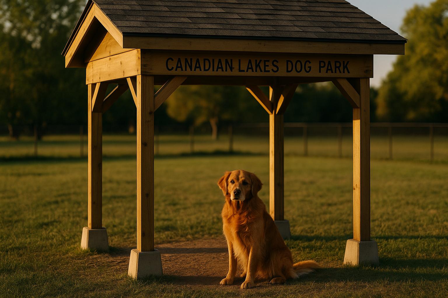 Rusty, a local dog, sitting under the new 8-by-12-foot shelter at Canadian Lakes Dog Park in Canadian Lakes, Michigan.