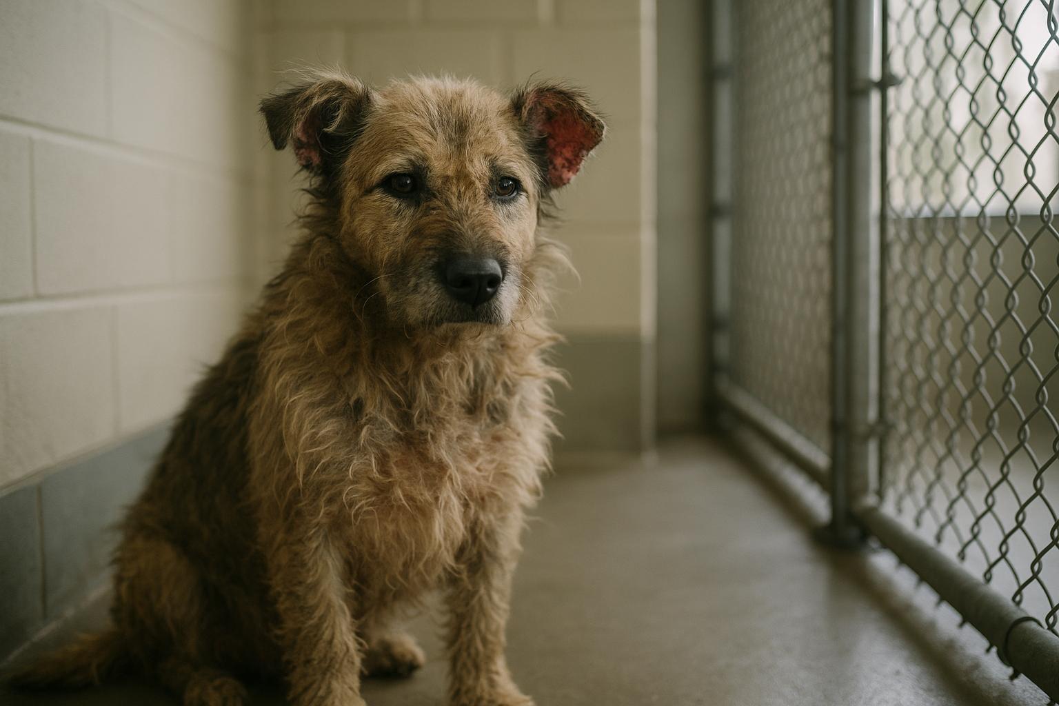 A mixed-breed dog with matted fur resting in a shelter kennel under soft window light