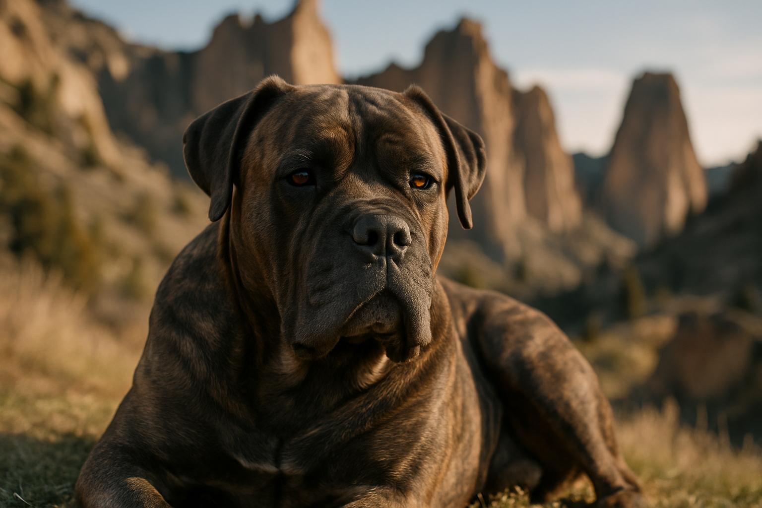 Cane Corso resting outdoors near rocky terrain, appearing calm and recovering