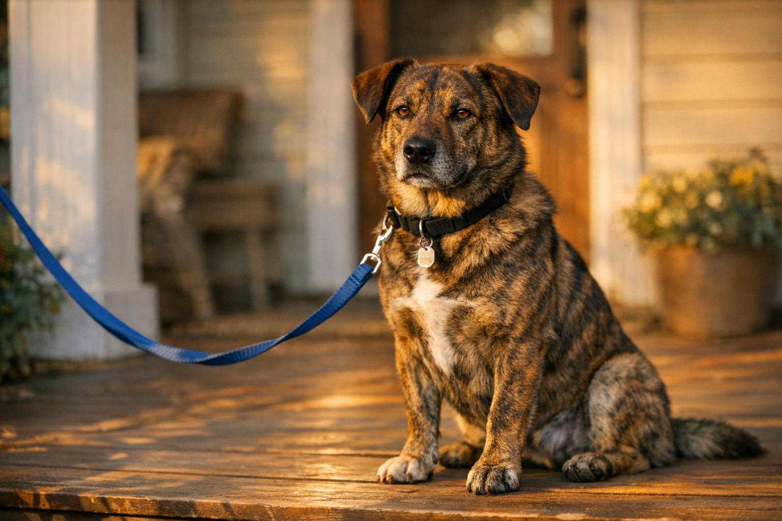 Canelo, a mixed-breed dog with brindle fur, sitting on a front porch in golden hour light after being adopted.