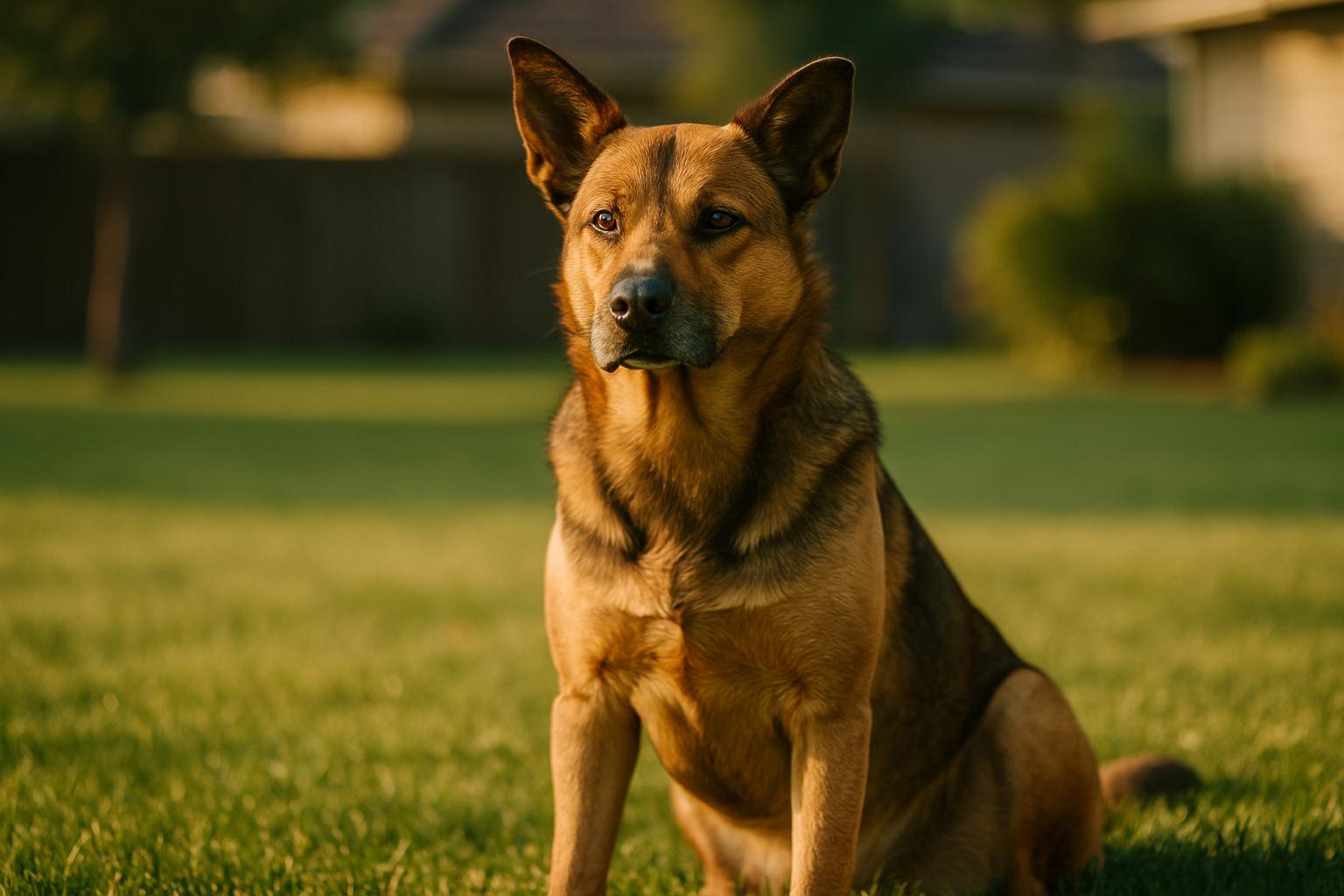 An adult mixed-breed dog sitting on a lawn at golden hour, close-up documentary-style photograph