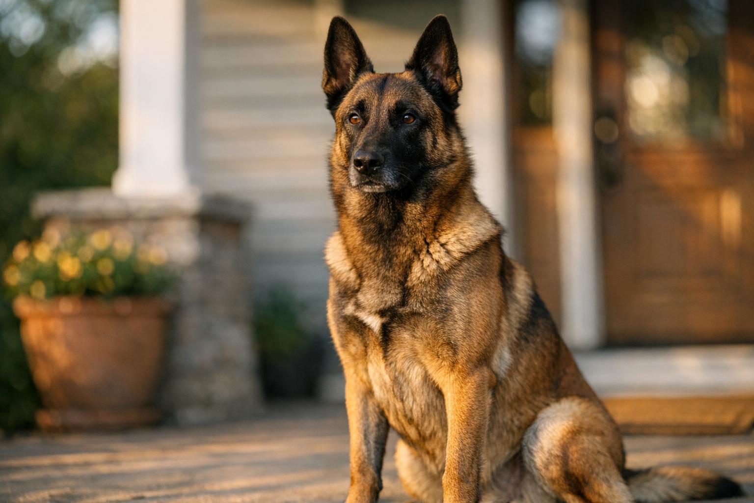 Belgian malinois named Jinx sitting on a suburban front porch at golden hour sunlight