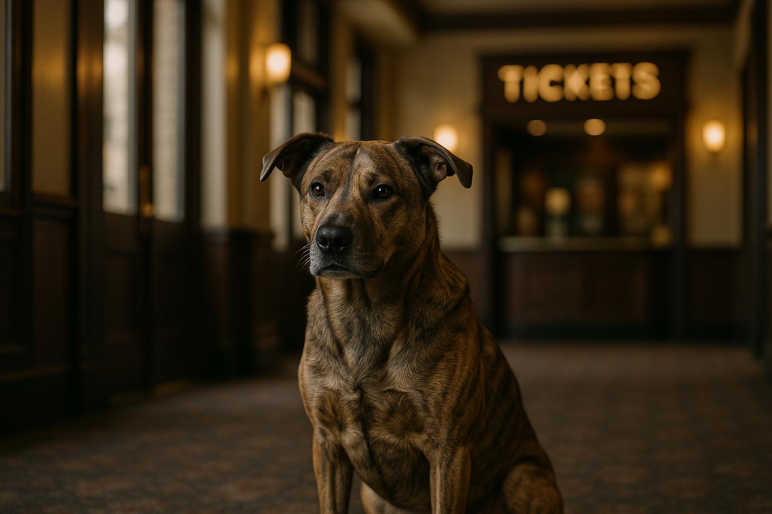 Medium-sized mixed-breed dog sitting in a heritage cinema foyer at The Capitol, Melbourne, soft natural light