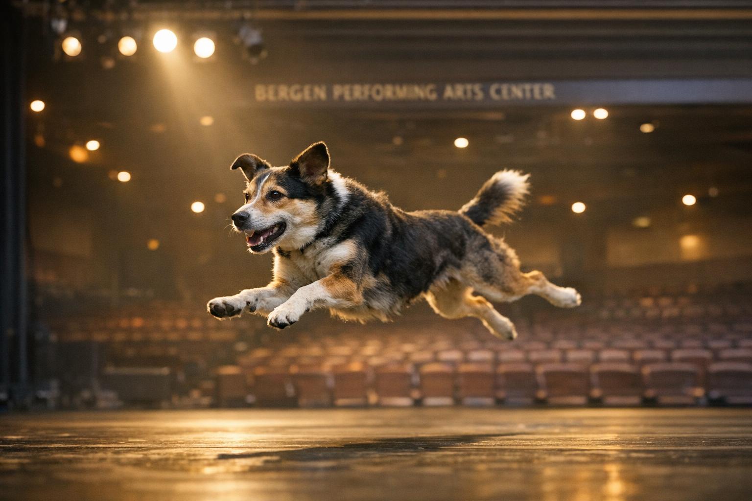An adopted mixed-breed stunt dog leaping on a lit theatre stage at Bergen Performing Arts Center