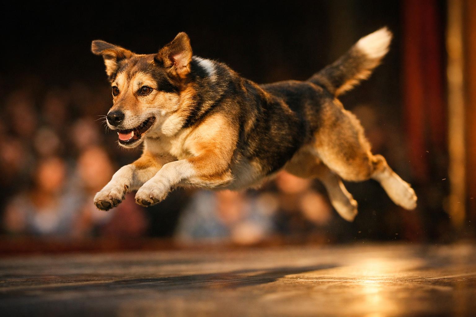 Mixed-breed rescue dog mid-leap during a stunt performance on an indoor theatre stage