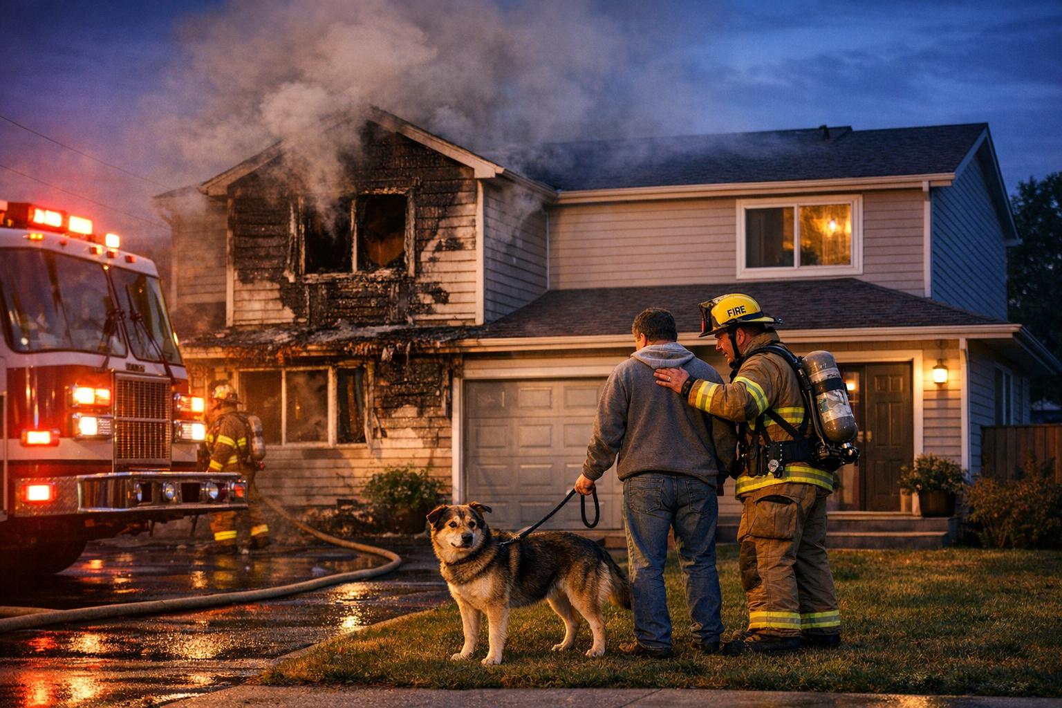 Firefighters outside a duplex at night, one firefighter assisting a resident holding a rescued dog, smoke visible above a damaged unit