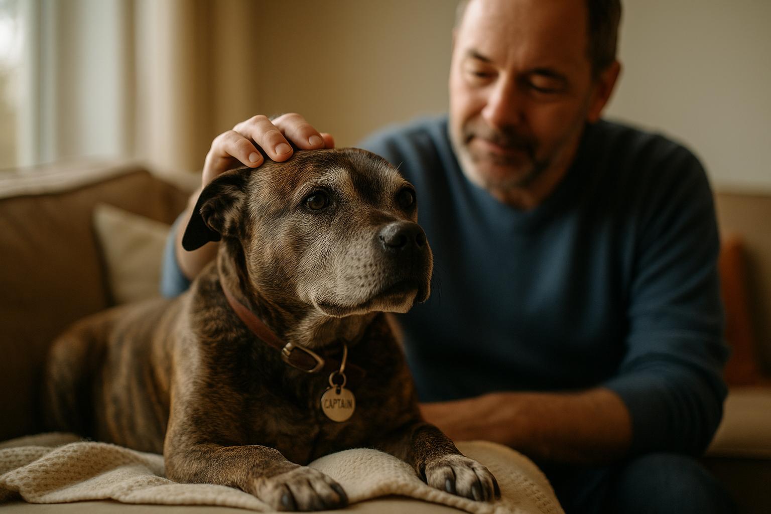 Senior Staffie-cross named Captain sitting on a sofa at home with his adopter, relaxed and being stroked