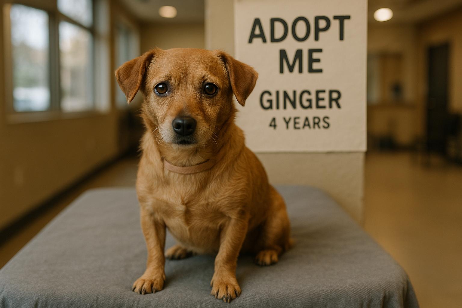 Ginger, a 4-year-old petite dog, sitting calmly on an adoption table at a shelter event.