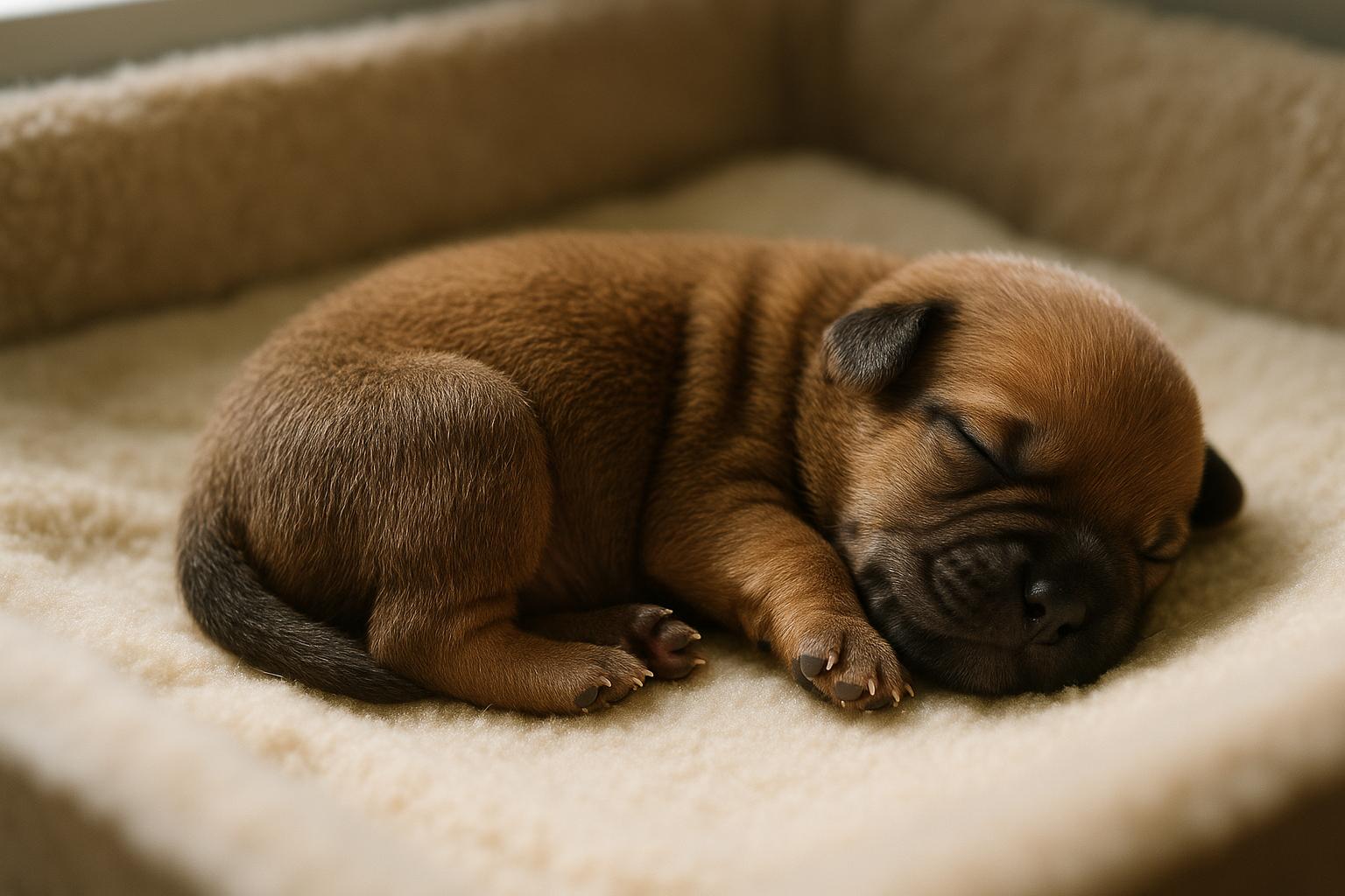 Newborn puppy curled up and sleeping in a soft whelping box under natural window light