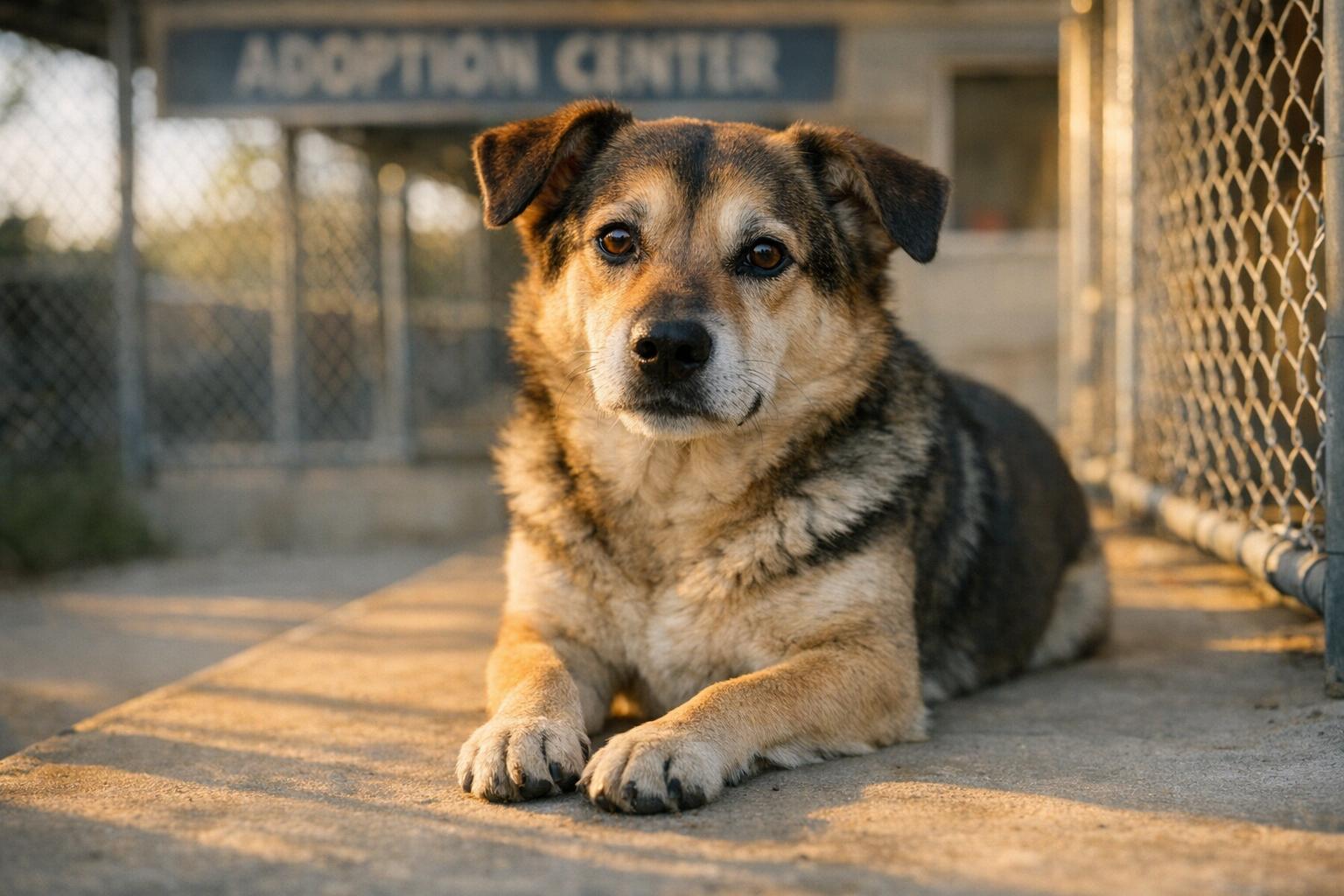 A medium-sized mixed-breed dog sitting on a shelter porch at golden hour, with blurred shelter signage in the background