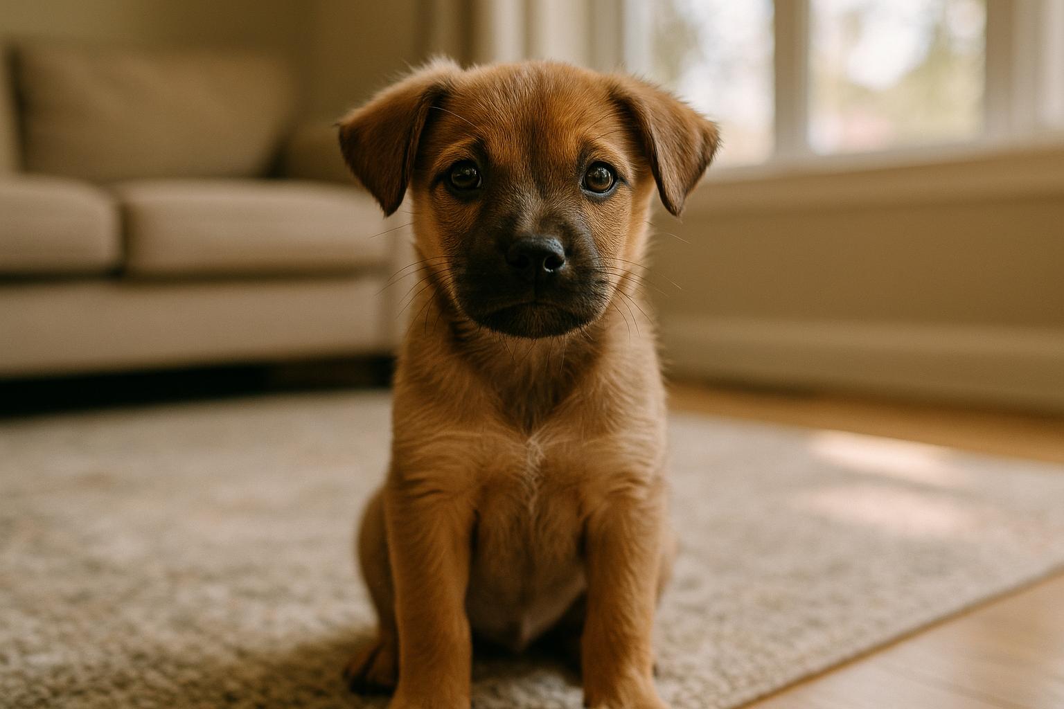 Young mixed-breed puppy sitting on a rug in soft window light, alert and attentive