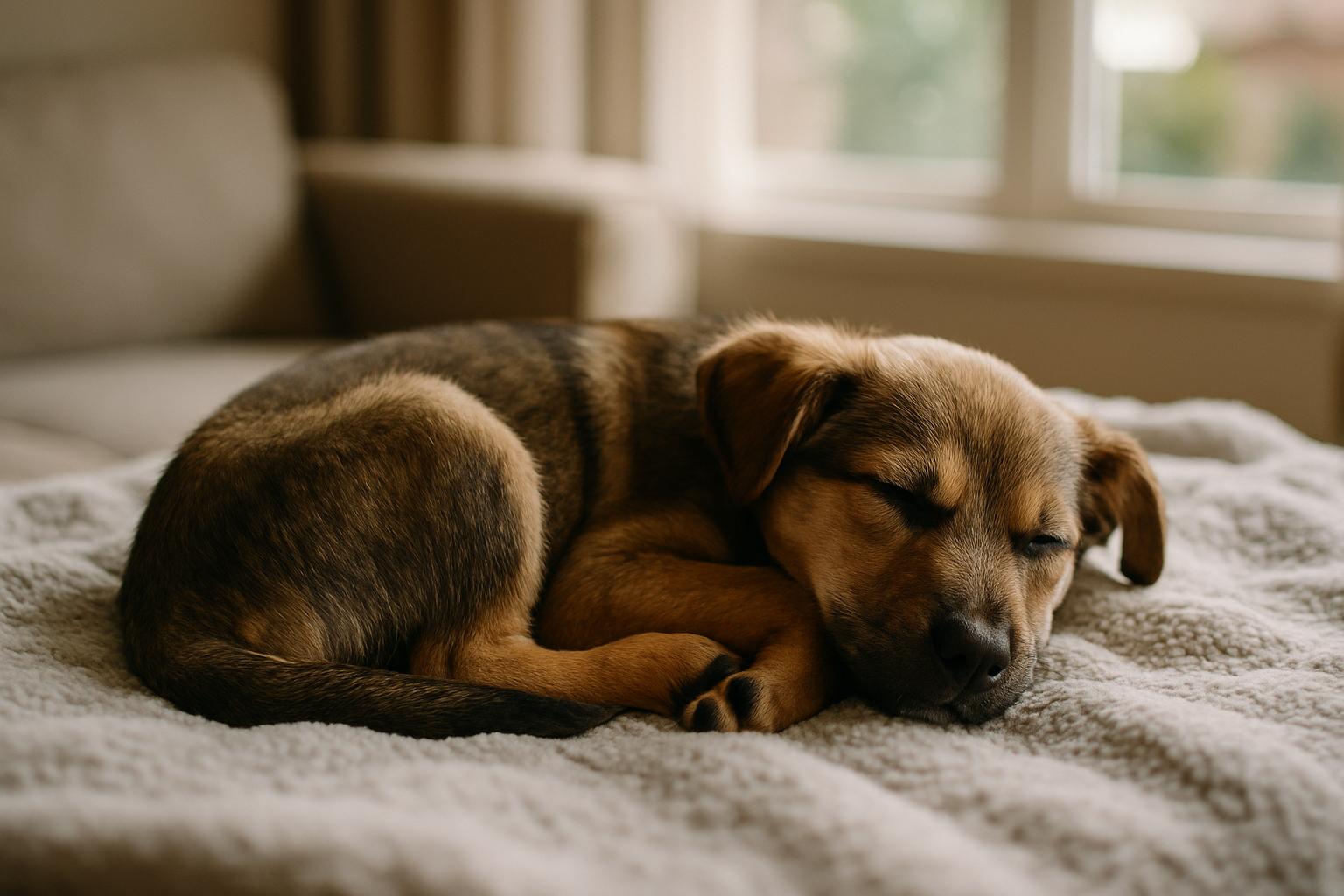 Mixed-breed puppy sleeping on a blanket in a living room
