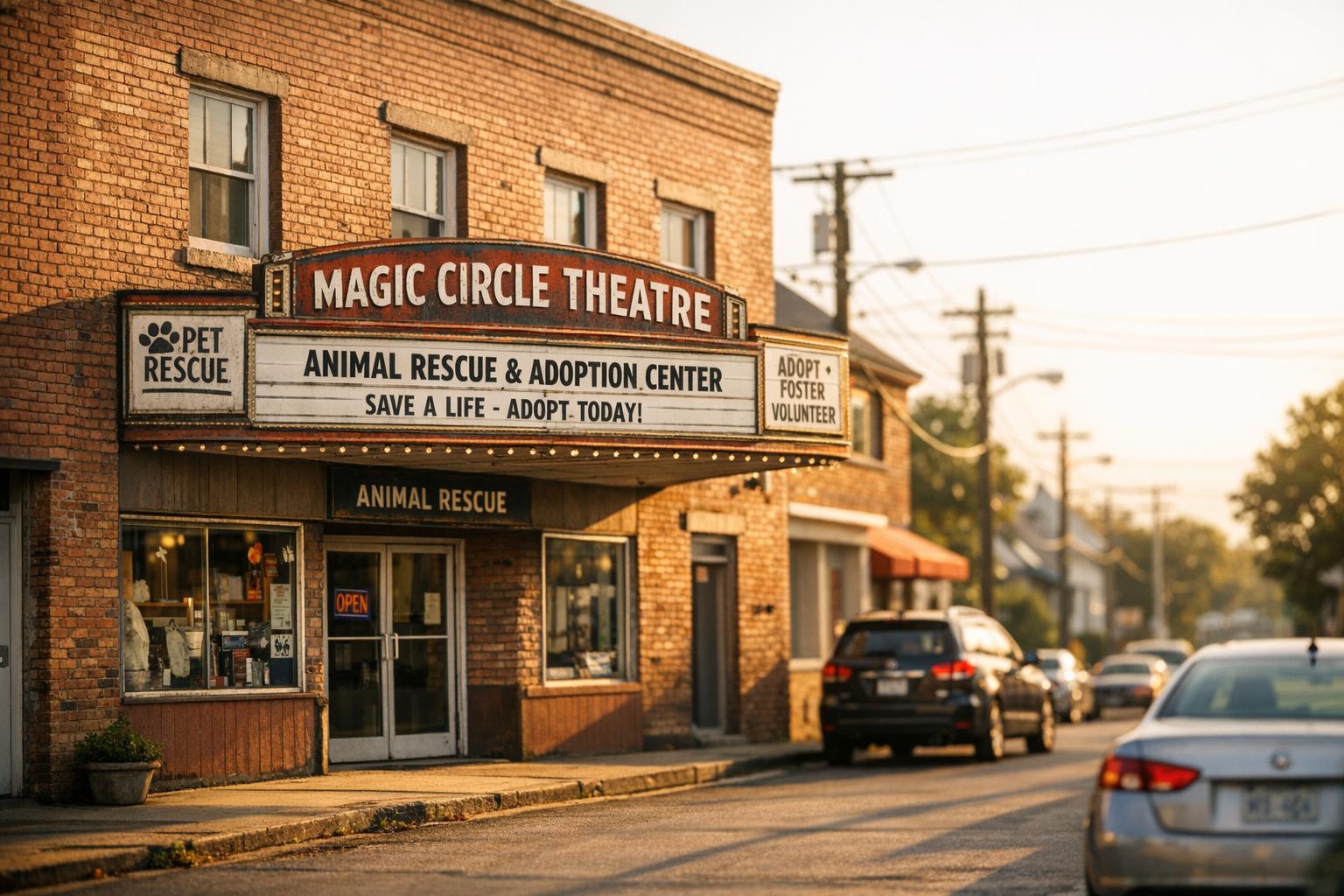 The former Magic Circle Theatre at 8 El Caminito Road in Carmel Valley, a mixed‑use building bathed in golden hour light