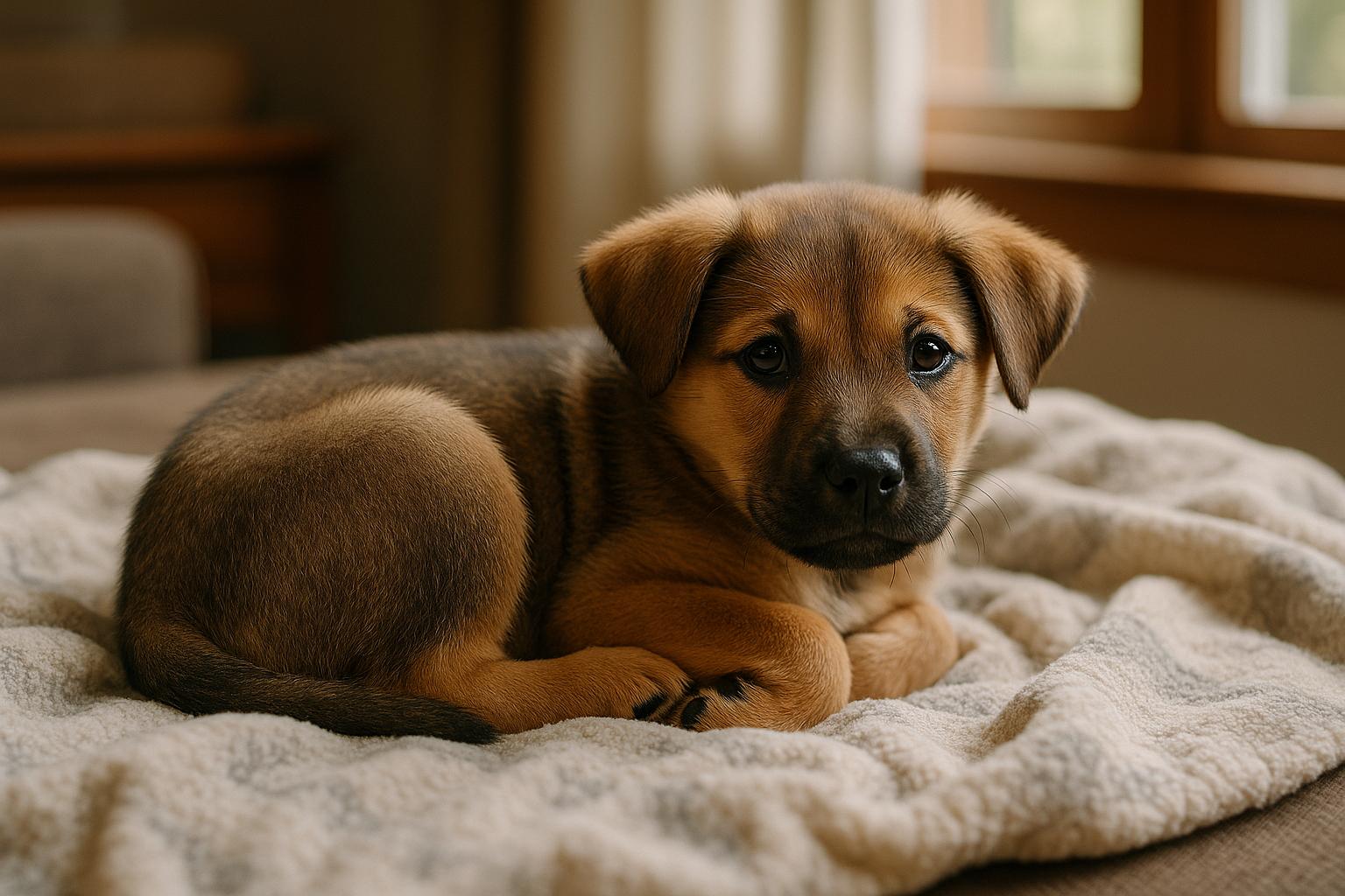 Carmy Bear, a young puppy, curled on a fleece blanket in a Massachusetts foster home living room