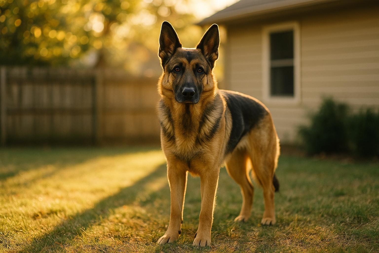 German shepherd standing alert in a suburban backyard at golden hour