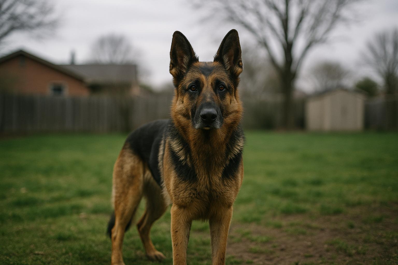A German shepherd standing alert in a suburban backyard under soft overcast light