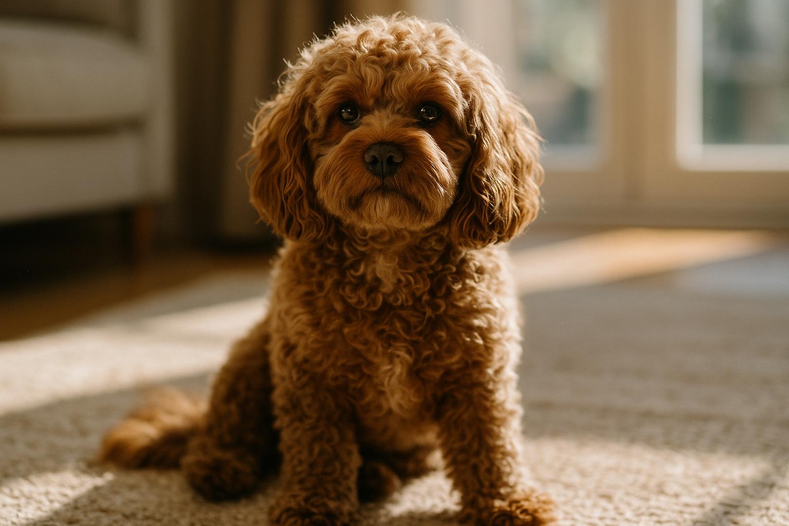 Close-up portrait of a Cavapoo sitting on a living room rug in natural light, showing curly low-shedding coat and attentive expression.