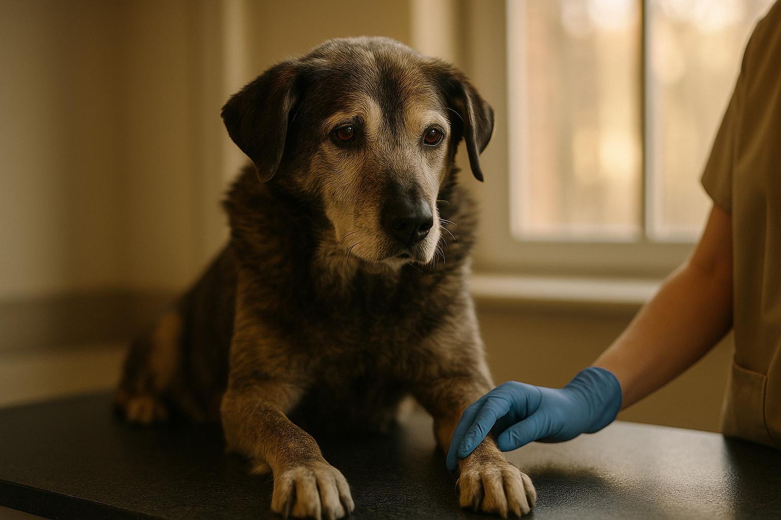 Older mixed-breed dog on veterinary exam table during a calm check-up