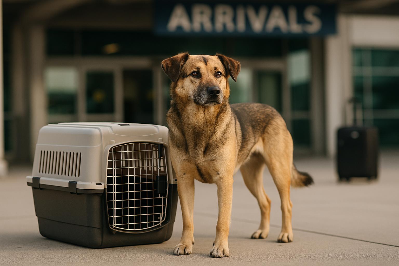 Medium-sized mixed-breed dog next to a travel crate at an airport terminal, mid-morning light