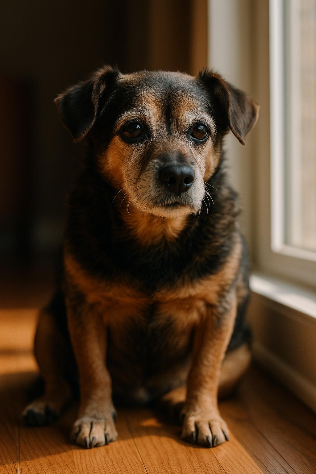 Photorealistic image of an elderly mixed-breed dog sitting by a sunlit window, showing realistic fur texture and soft shadows.