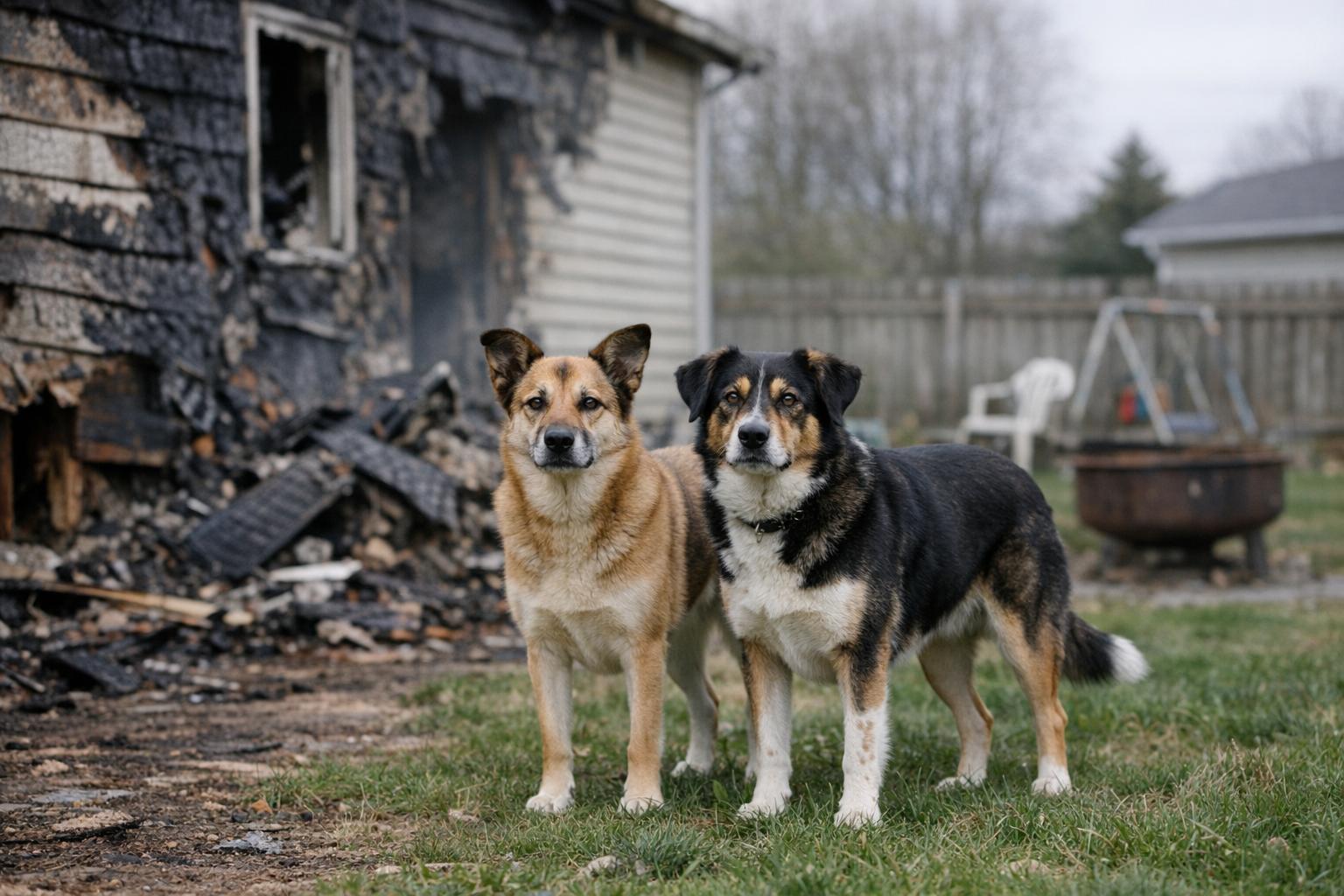 Two medium-sized mixed-breed dogs standing in a suburban backyard near a burned house under overcast light.