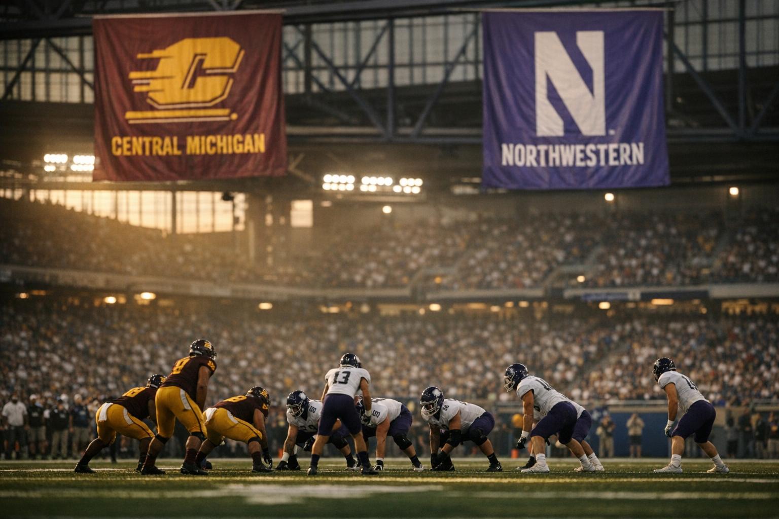 Wide, photorealistic view of a stadium at dusk with Central Michigan and Northwestern banners displayed, crowd in stands and players on the field.