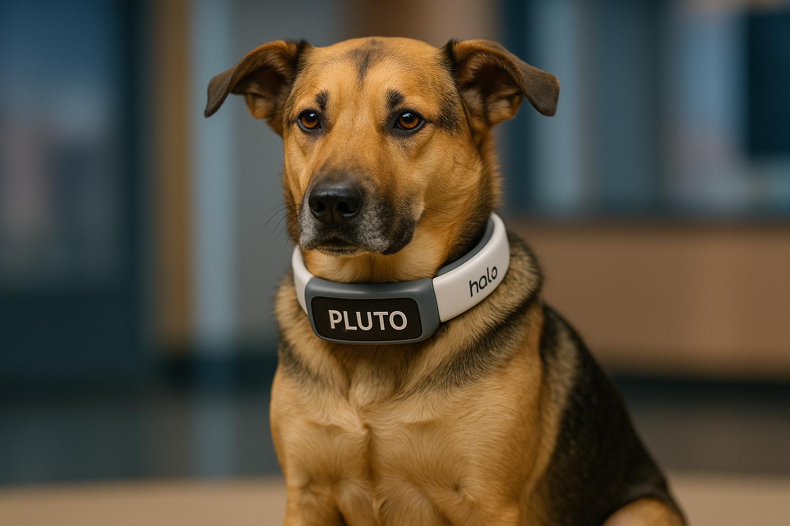 Dog named Pluto wearing a Halo collar on a studio set during a demonstration