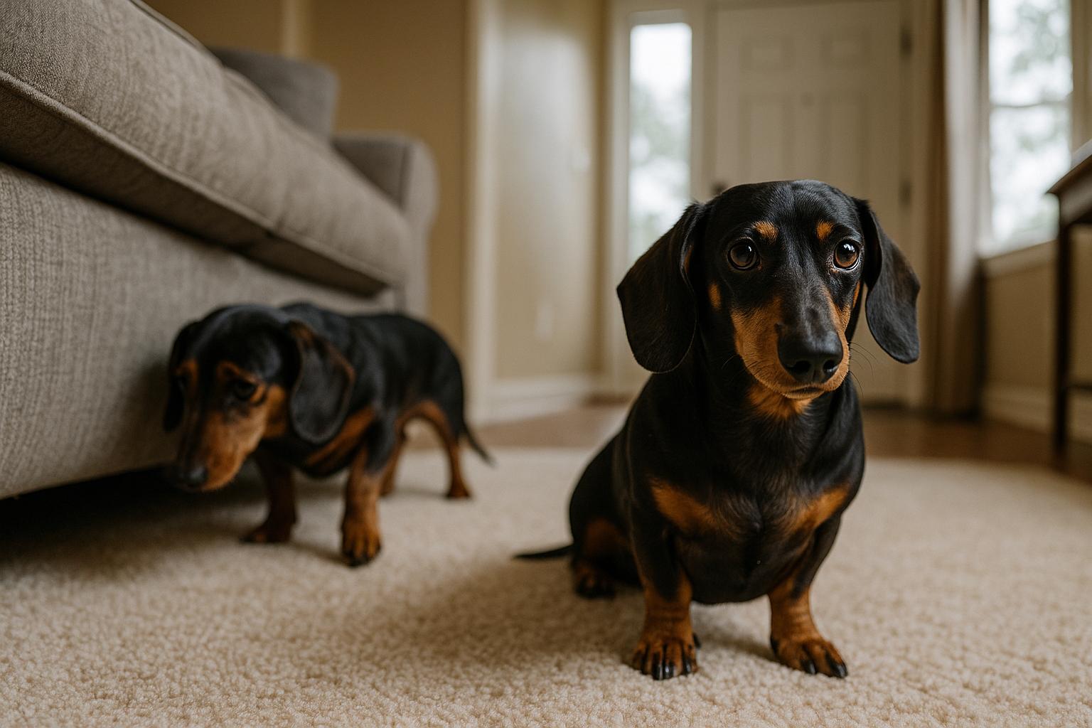 Two dachshunds in a living room, one appearing shy and the other alert near the front door, natural light