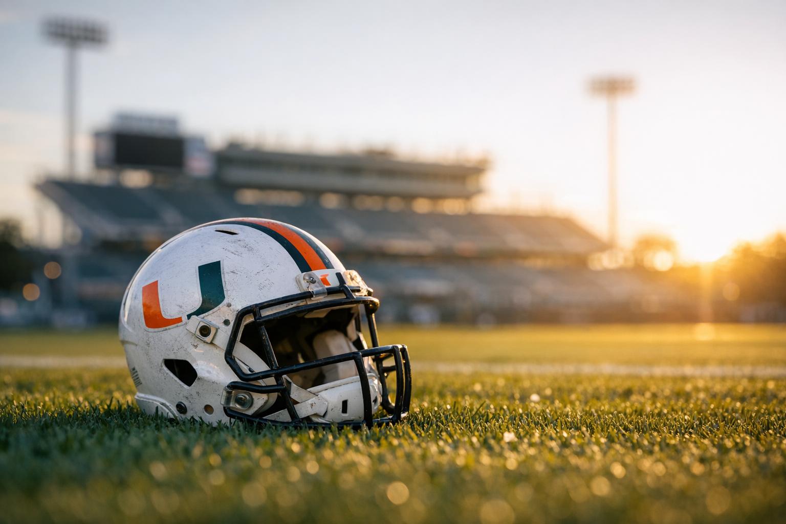 University of Miami football helmet on a grass field at golden hour