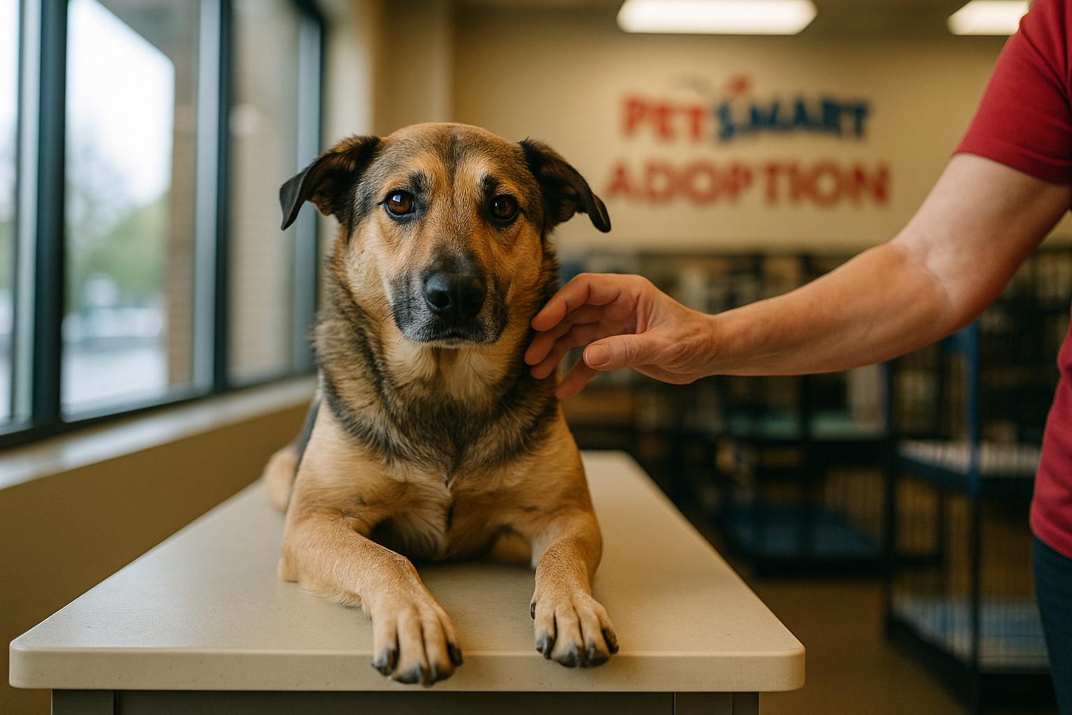 A mixed-breed dog sitting in a PetSmart adoption area with a volunteer reaching toward it