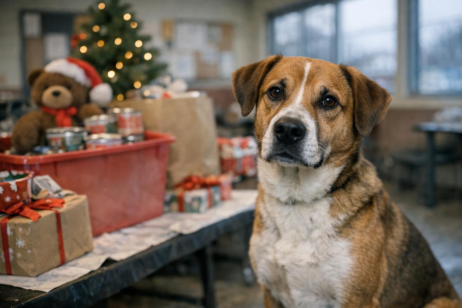 Medium-sized shelter dog sitting beside a holiday donation table in a shelter room