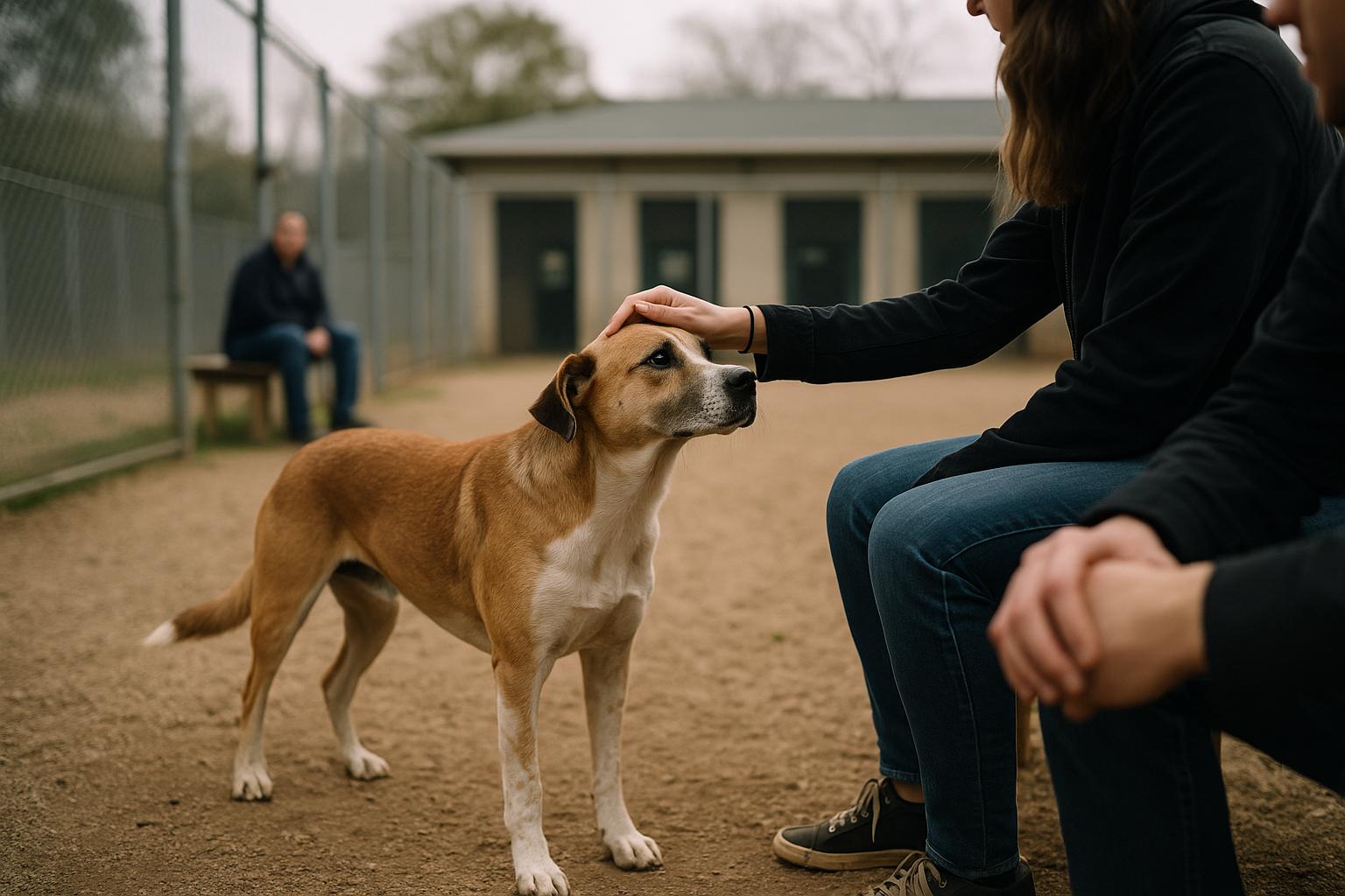 Mixed-breed dog in a shelter playgroup area interacting with visitors at an adoption event