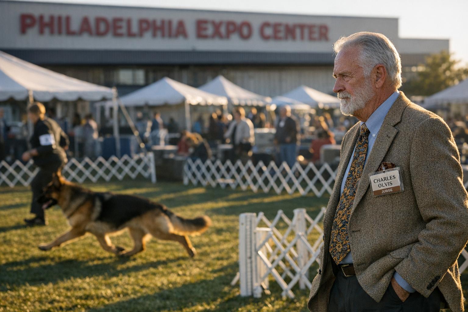 Judge Charles Olvis observing a show dog in the ring at the Philadelphia Expo Center during the National Dog Show, golden hour light