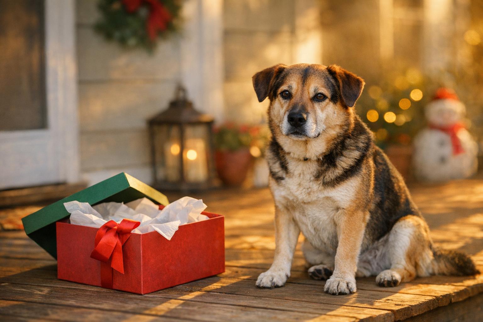 Mixed-breed dog on a front porch beside an open gift box during golden hour, symbolizing a pet adopted during a holiday campaign
