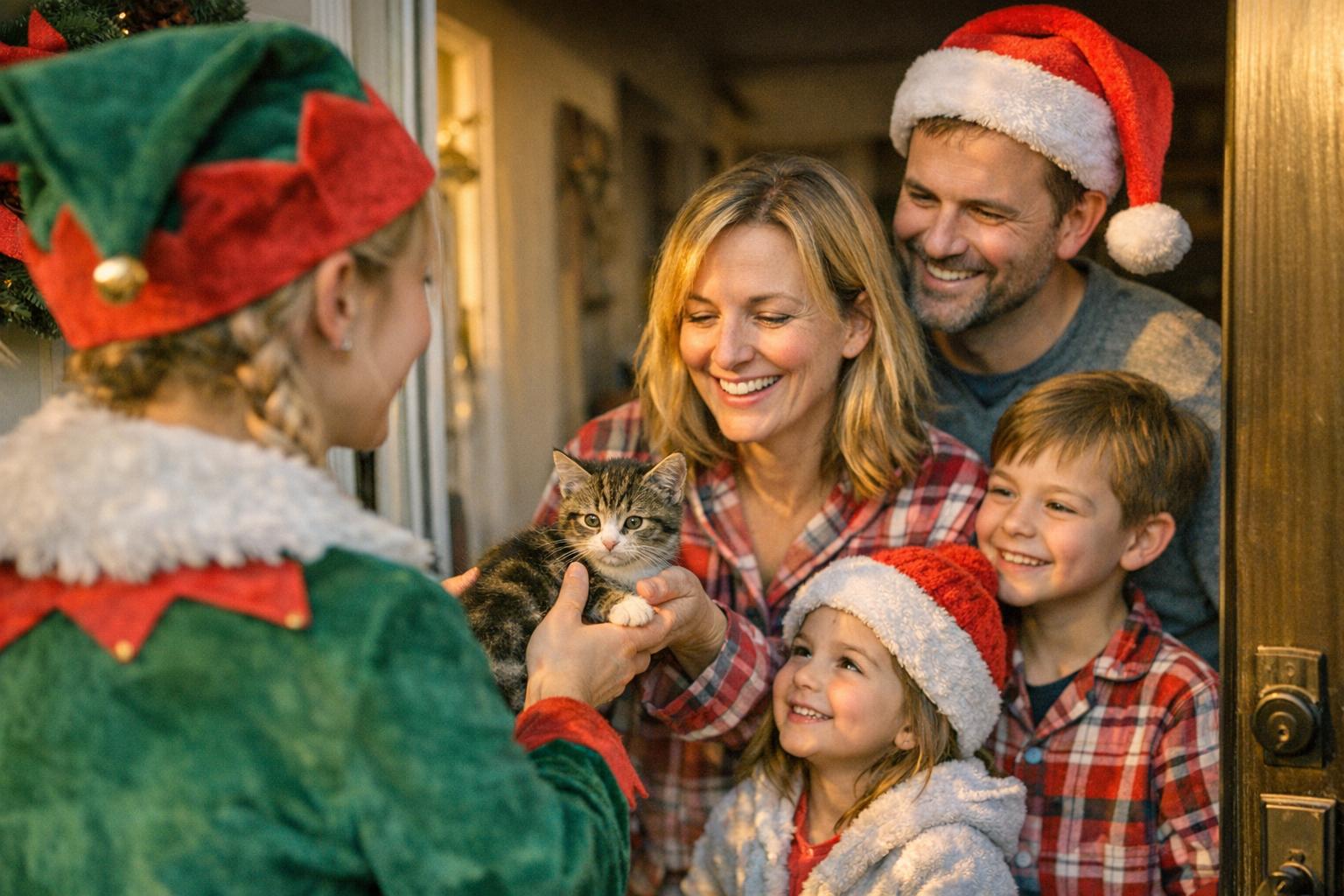 Volunteer elf handing a newly adopted cat to a family on a suburban front porch on Christmas morning