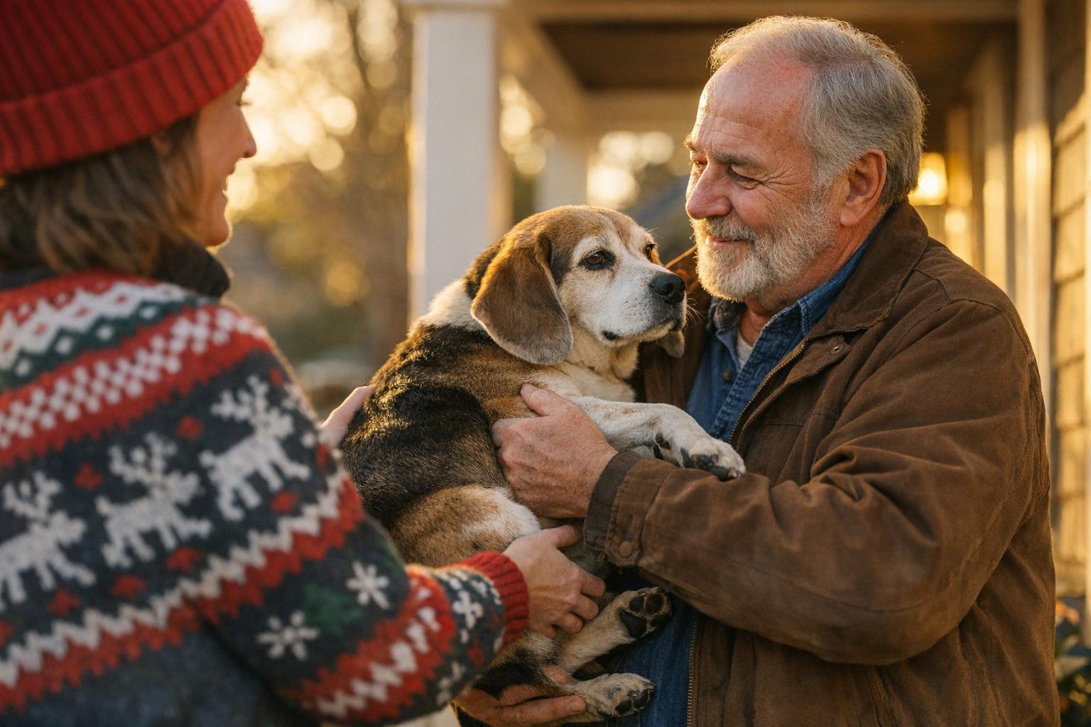 Older Beagle being handed to an older man on a suburban porch during golden hour