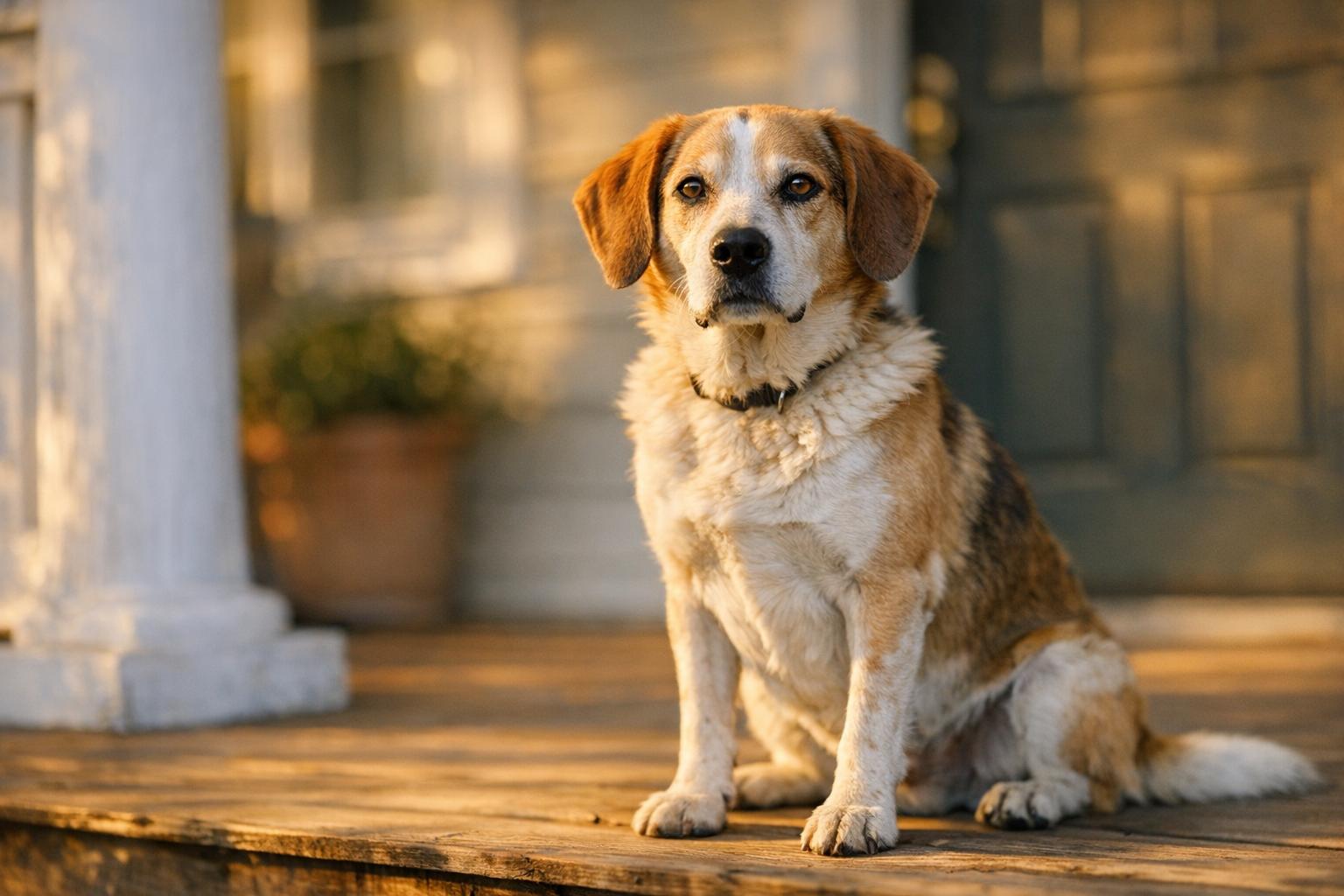 Charlie, a lab hound mix, sitting on a porch in late afternoon light after being rescued from a house fire