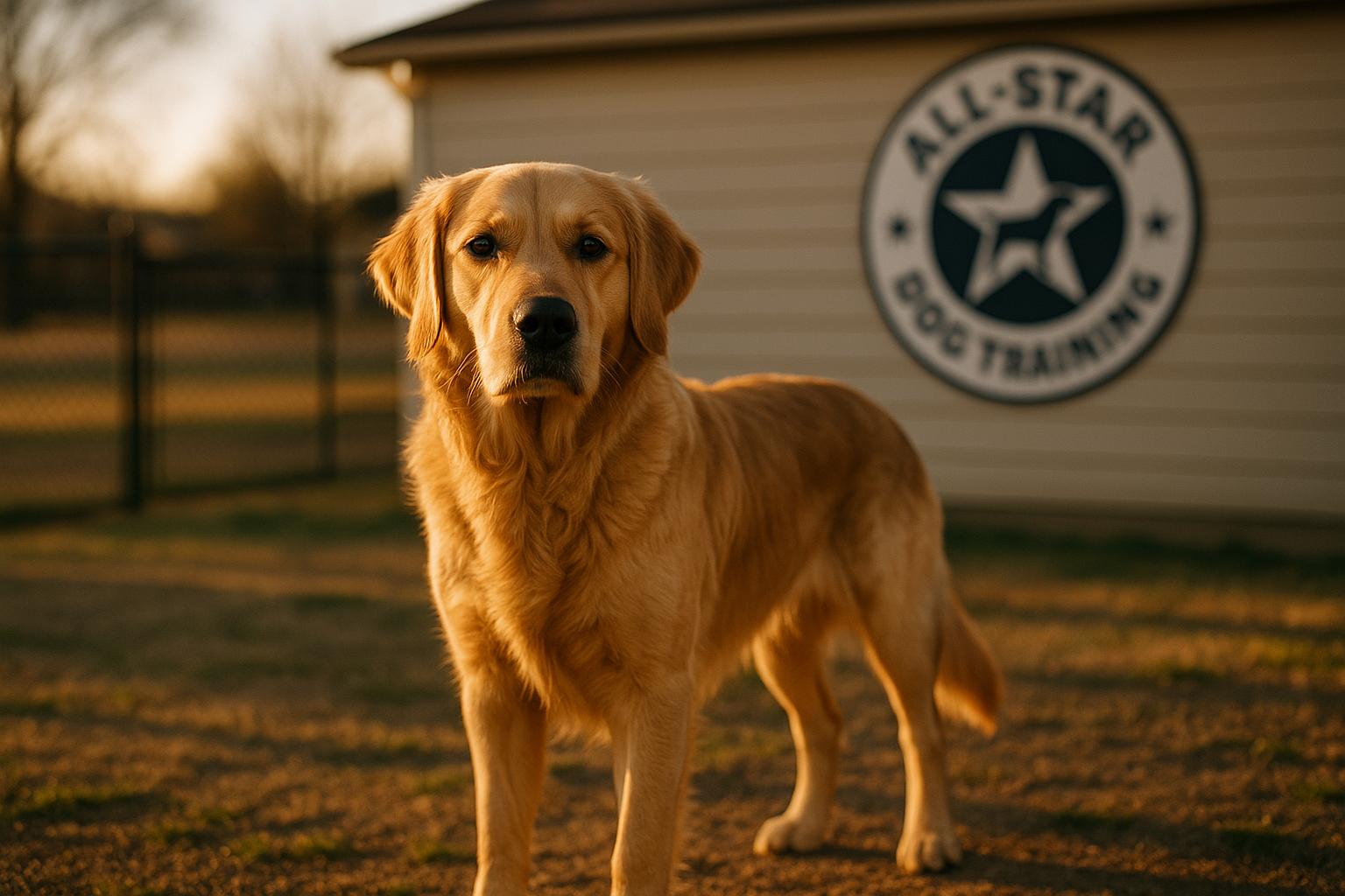 Retriever standing in front of All-Star Dog Training facility in Ballantyne, golden hour light, shallow depth of field.