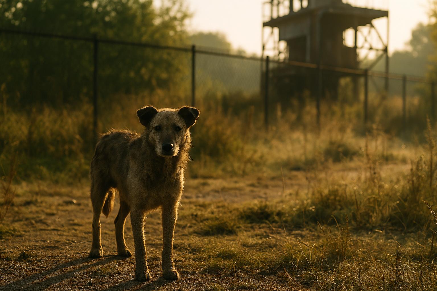 A mixed-breed feral dog standing in an overgrown area inside the Chernobyl Exclusion Zone, morning light