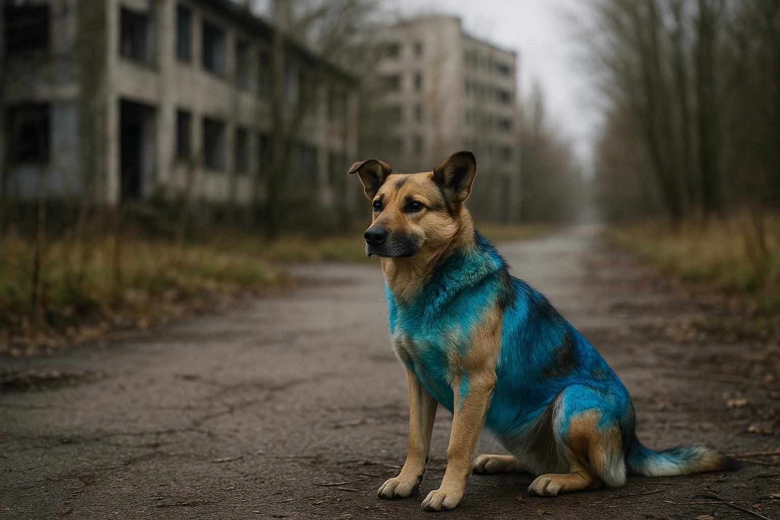 Medium-sized mixed-breed stray dog in Chernobyl with patches of bright blue dye on its coat, sitting in an overgrown street.