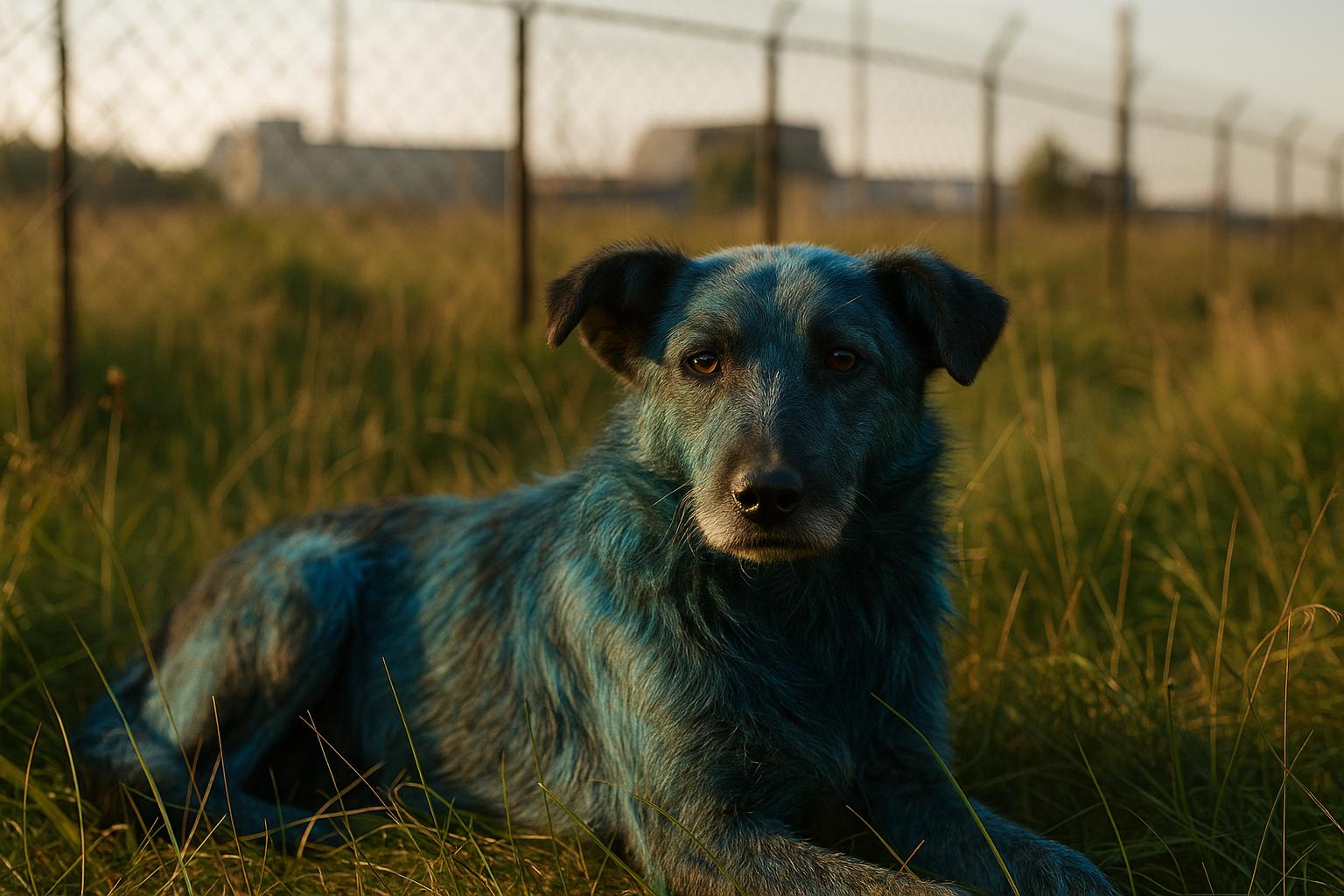 A stray dog with vivid blue‑stained fur lying in tall grass inside the Chernobyl exclusion zone