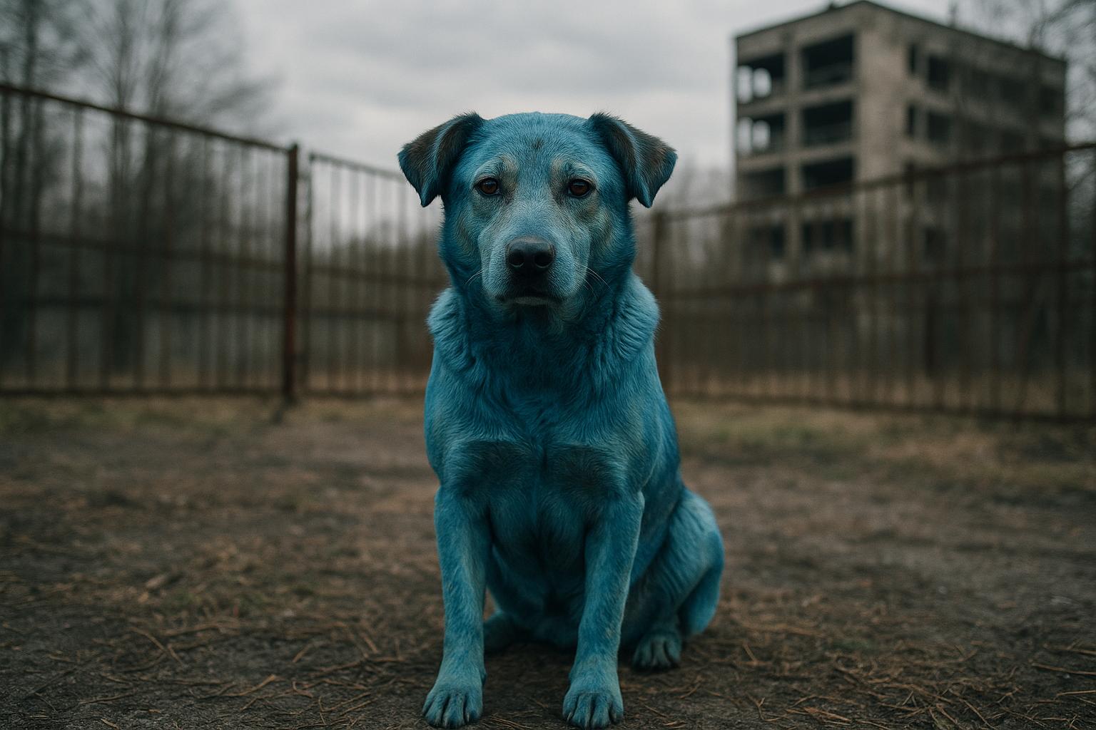 A mixed-breed dog with bright blue-stained fur sits in a fenced yard in the Chernobyl Exclusion Zone under overcast light.