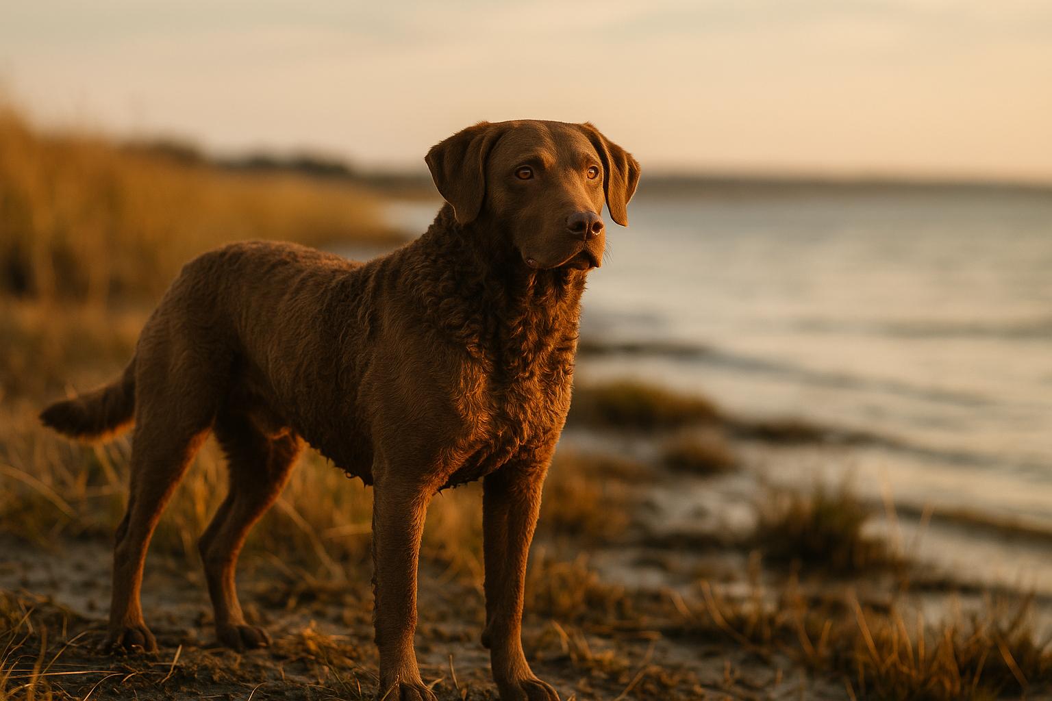 Chesapeake Bay Retriever standing on a marshy shoreline at golden hour, alert and powerful with a textured brown coat