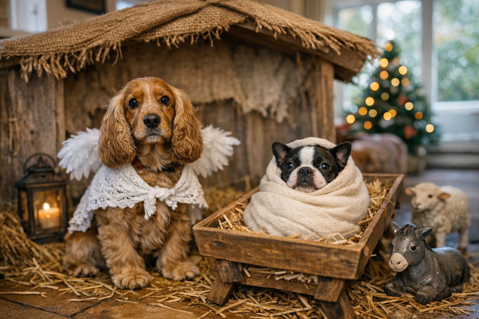 Rosie the English Cocker Spaniel wearing a simple angel shawl and Woody the Boston Terrier gently swaddled, posed in a cozy indoor nativity scene at a Cheshire dog daycare
