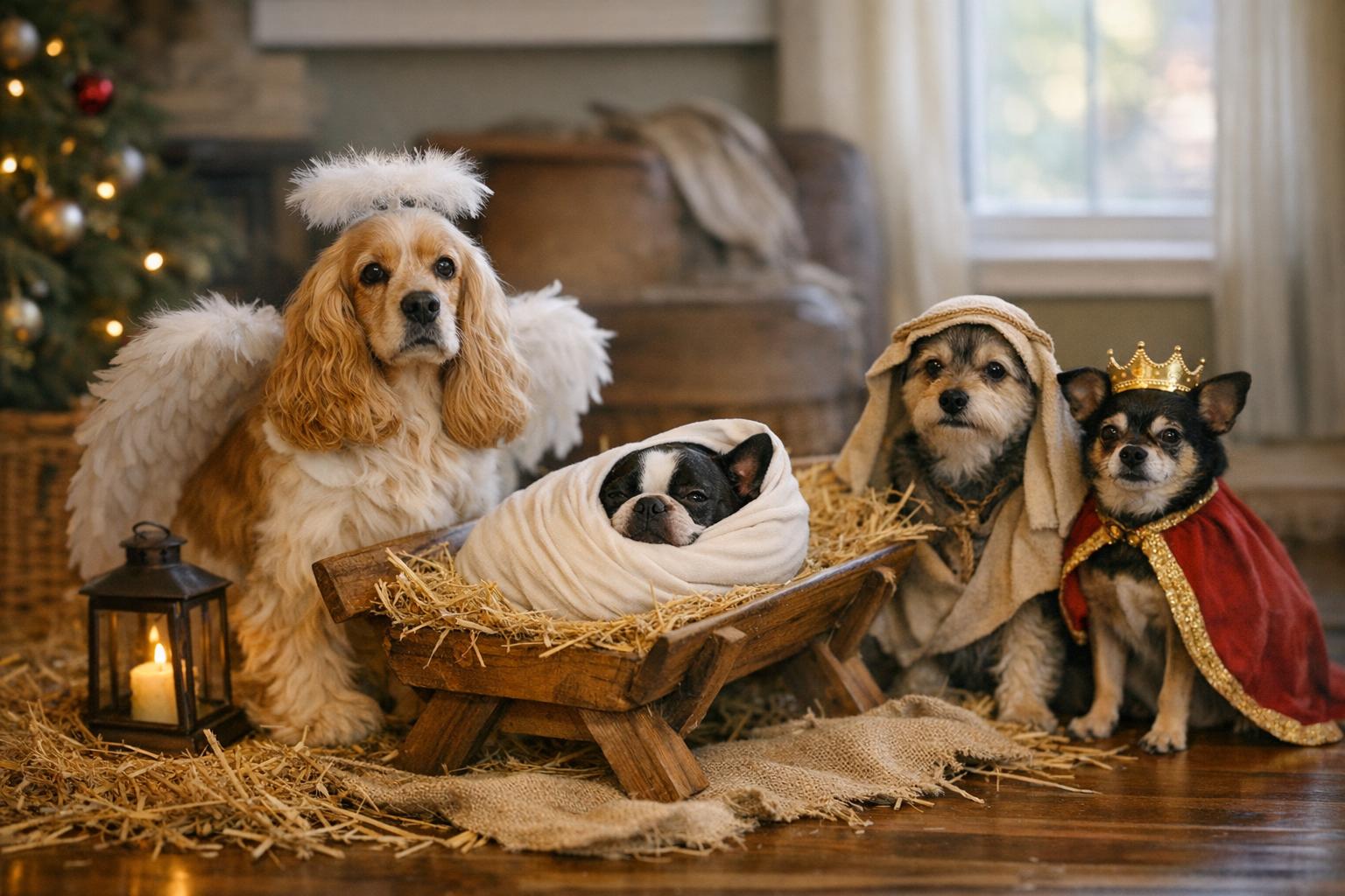 A home-based doggy day care Nativity tableau: an English cocker spaniel in an angel costume and a Boston terrier swaddled as baby Jesus among other costumed dogs, set with hay and a small wooden manger.