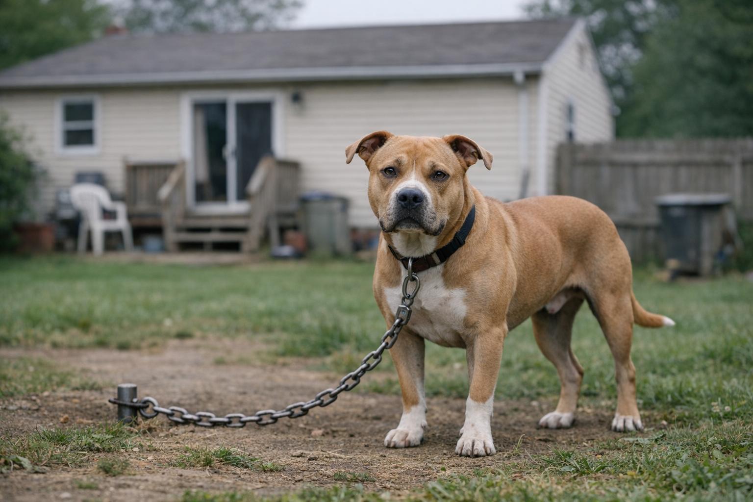 Pit-bull type dog in a suburban backyard standing near a short chain, overcast sky, documentary-style photo