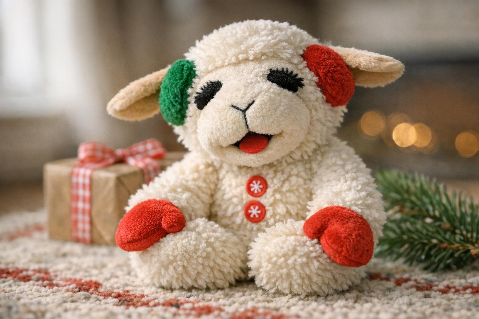 Close-up of a Lamb Chop plush toy from Chewy's holiday collection on a living room rug, showing textured fabric and stitching
